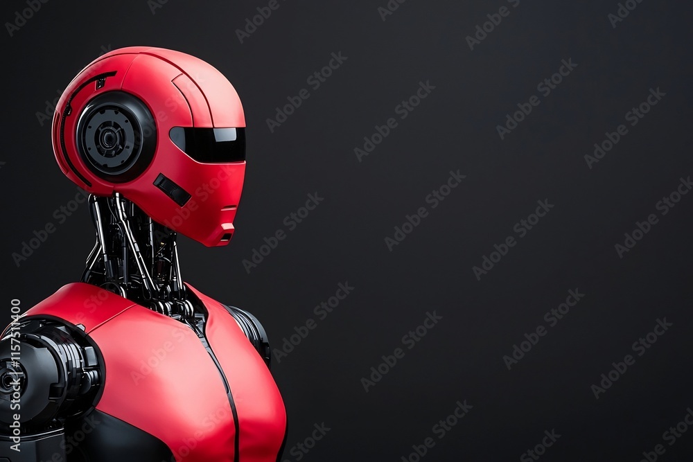 Poster futuristic red humanoid robot with advanced mechanical engineering design