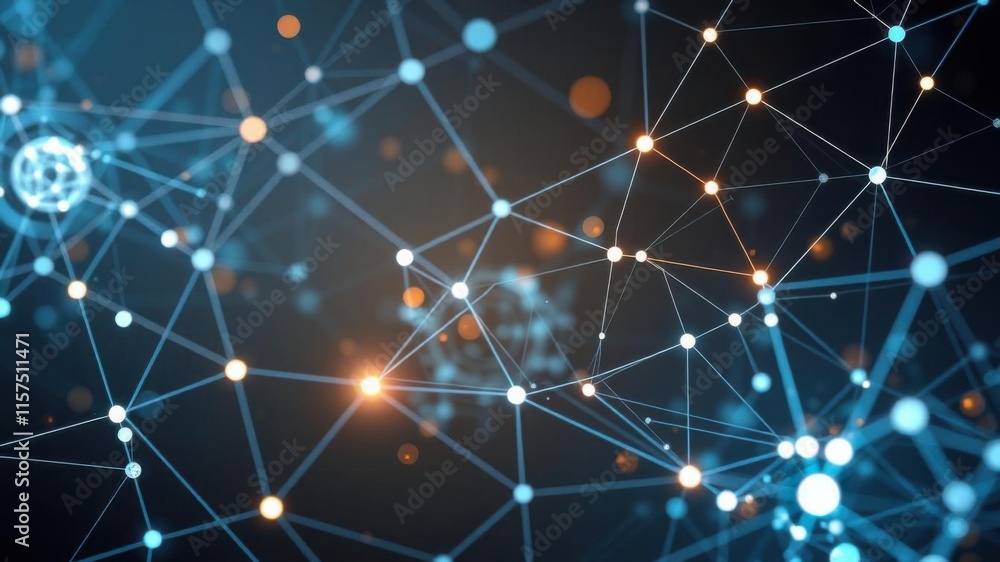 Poster abstract digital network with glowing nodes and connections in blue and orange hues, illustrating te