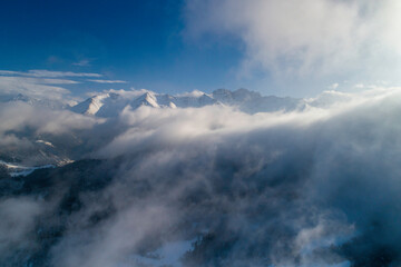 Mountains in the clouds. Low clouds in the North Caucasus mountains