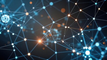 Abstract digital network with glowing nodes and connections in blue and orange hues, illustrating technology and data transfer in a futuristic environment