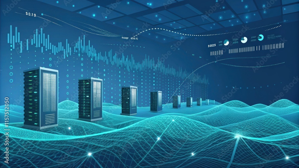 Aufkleber server towers are standing on a digital landscape representing data flowing in cyberspace, symbolizi
