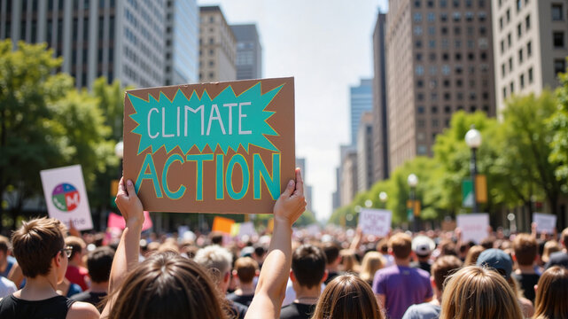 Protester holding "Climate Action" sign at citywide climate march with crowd
