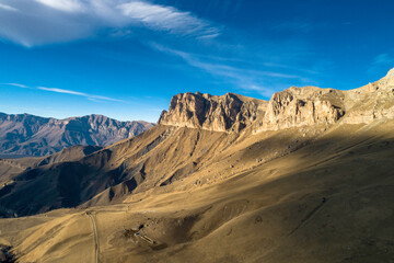 Beautiful aerial view of a mountain range with high cliffs. Landscape and nature of the North Caucasus