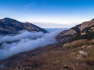 Mountains in the clouds. Low clouds in the North Caucasus mountains