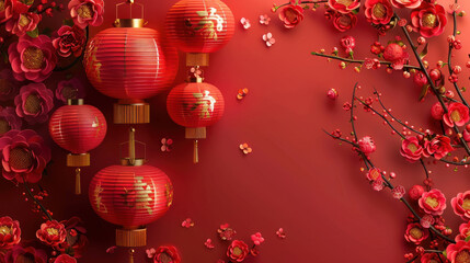 Fototapeta premium Chinese New Year 2025, traditional festive theme, vibrant colors, rich red and gold details, detailed cultural elements, high-resolution illustration