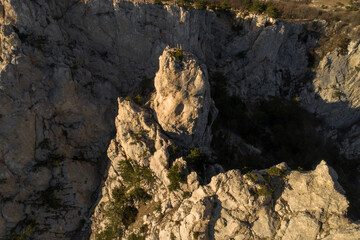 Beautiful aerial view of a mountain range with high cliffs. Landscape and nature of the North Caucasus