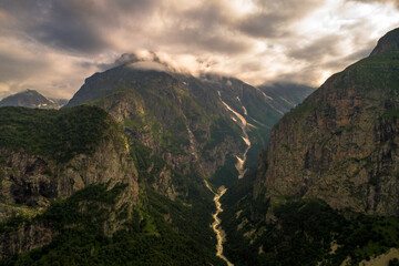 Obraz premium Aerial panorama overlooking mountain peaks. Landscape and nature of the North Caucasus