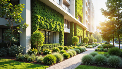 Obraz premium Modern residential building with green moss facade and landscaped pathway 