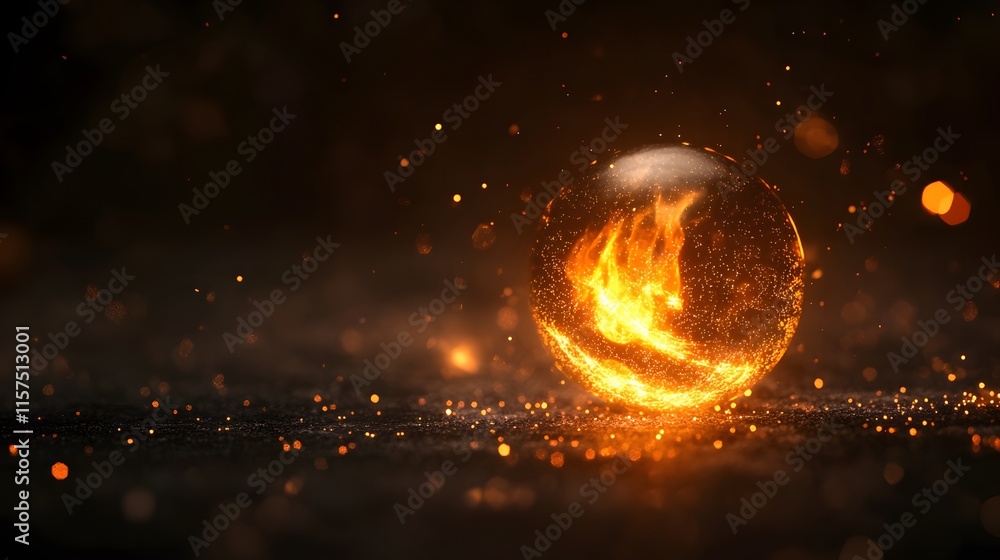 Poster fiery orb animation dark studio space digital art energetic environment close-up view dynamic concep