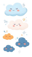 Happy smiling clouds with stars and leaves design