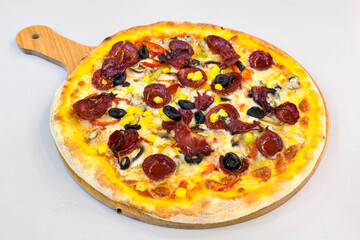 Traditional Turkish cuisine. Pizza, pita, pidesi, sucuk, hummus, kebab. Many dishes on the table. Serving dishes in restaurant. Margherita,  mix, formaggi, veggie karisik pizza. Top view, flat lay