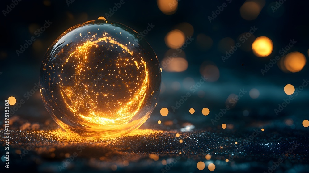 Poster illuminated glass sphere with sparkling particles dark background abstract art enigmatic environment