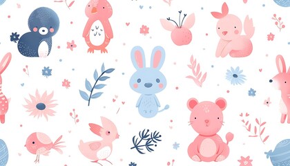A vibrant pattern of adorable animals, including rabbits, birds, and hedgehogs, surrounded by flowers. Soft pink and blue tones create a playful scene.