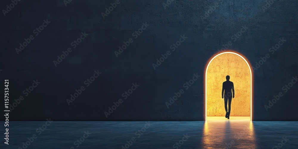Poster silhouette of a person walking through a glowing archway. concept image symbolizing obstacle.