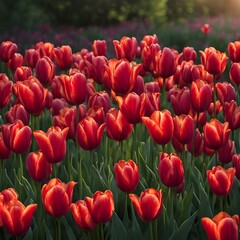 Fototapeta premium Dense vibrant red tulips blooming at dawn in a colorful flower field photography