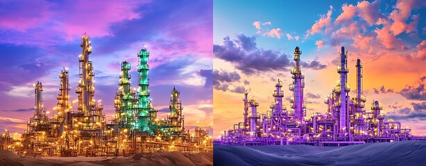 Obraz premium refinery oil extraction logistics, Vibrant Neon Cityscape with Expansive Refinery Lights
