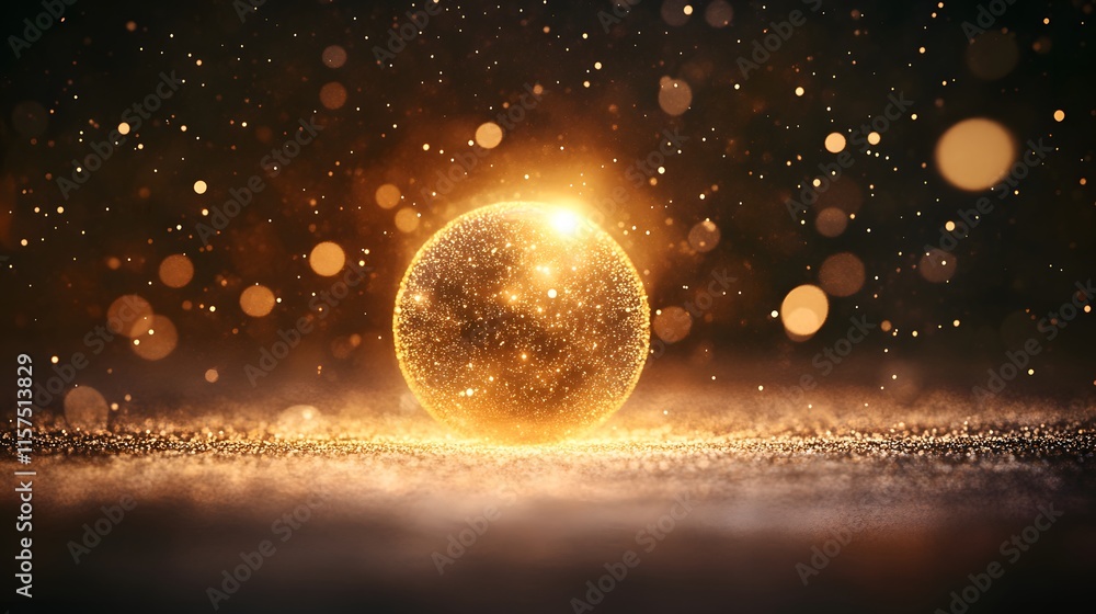 Poster glowing golden sphere abstract art digital creation fantasy environment close-up view light and text