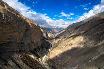 Fototapeta premium Beautiful aerial view of the mountain gorge. Landscape and nature of the North Caucasus