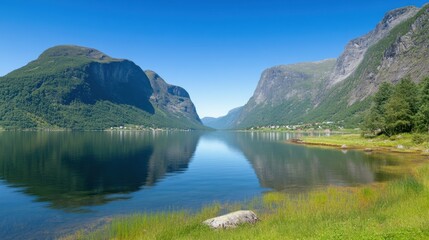 Serene Mountain Lake with Reflections Under Clear Blue Sky