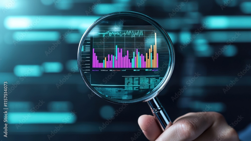 Poster a hand holds a magnifying glass over colorful data charts, representing analysis and insights in a d