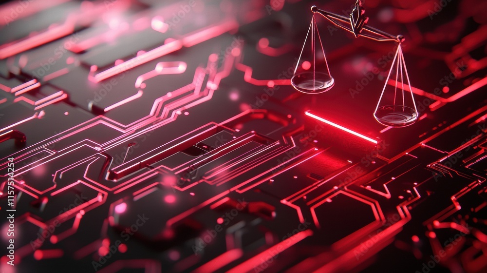 Aufkleber ai decision making with glowing scales on a digital circuit background