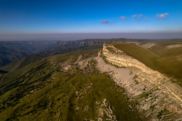 Beautiful aerial view of a mountain plateau with high cliffs. Landscape and nature of the North Caucasus