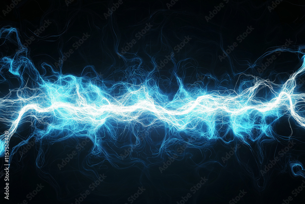 Poster abstract visualization of electricity flow through transparent circuits with glowing blue and white 