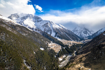 Fototapeta premium Aerial panorama overlooking mountain peaks. Landscape and nature of the North Caucasus