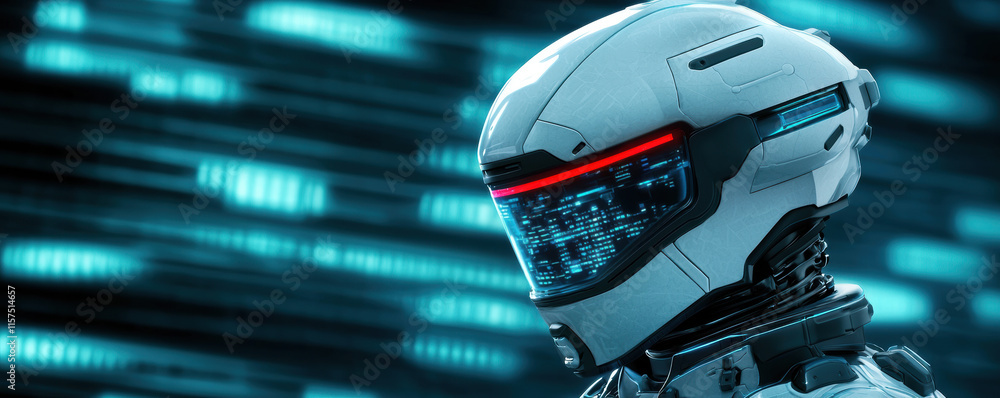 Poster futuristic robot with holographic display analyzing data in digital environment