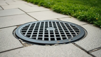 Fototapeta premium Close-up view of a square grid drainage cover set into a paved walkway next to a lawn