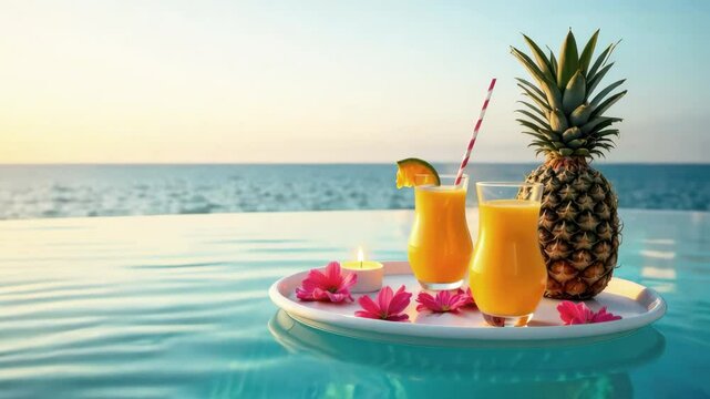 Floating tray in the pool with two cocktails and pineapple on the sea horizon background. Vacation, romantic date or honeymoon in a luxury tourist hotel. Picture with space for text
