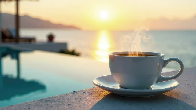 A steaming cup of coffee on the edge of the pool in front of the sea horizon. Vacation, romantic date or honeymoon in a luxury tourist hotel