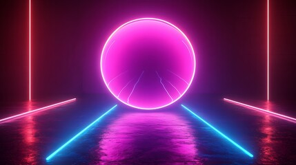 Illuminated neon sphere installation modern gallery digital art futuristic design low angle vibrant energy