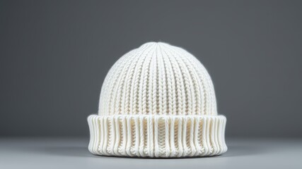 White Knitted Beanie, Winter Hat, Gray Background, High-Resolution, Stylish, Winter Accessories, Fashionable, Warm, Cozy, Modern,  Trendy,  AI Generated, Photorealistic