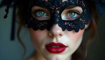 women with red lipstick and lace on her eyes romantic view ai