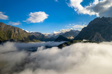 Mountains in the clouds. Low clouds in the North Caucasus mountains