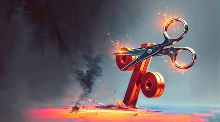 Interest rate Cut, Scissors glowing with sparks against a dark, smoky background.
