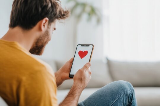A man is comfortably sitting on a couch while intently looking at a cell phone that features a heart symbol on its screen. Virtual dates over video calls