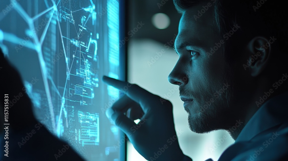 Poster professional examines increasing graphs on a virtual screen, futuristic design with blue highlights,