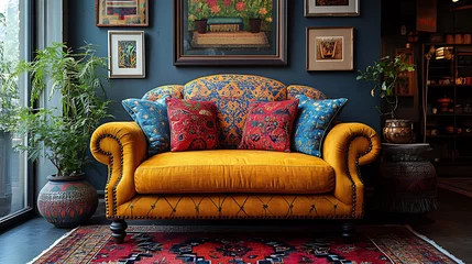 Photo sur Plexiglas Yellow patterned sofa with pillows in a room with dark walls, plants, and artwork.