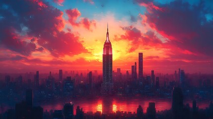 Naklejka premium Sunset cityscape with iconic skyline glowing under vibrant colorful hues image