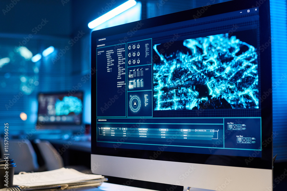 Poster desktop computer screen with army location standing on workplace of officer in modern military comma