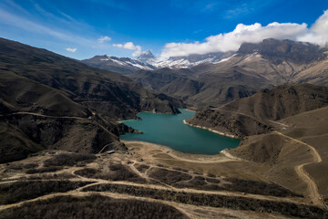 Aerial panorama overlooking mountain peaks. Landscape and nature of the North Caucasus