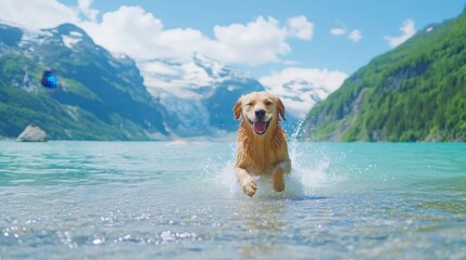 Happy Golden Retriever Dog Splashing Water in Scenic Mountain Landscape