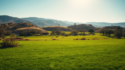 Obraz premium Serene landscape of rolling hills, vibrant green pasture, and scattered trees under a clear sky