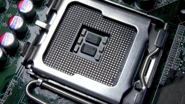A fragment of a motherboard with an empty processor socket