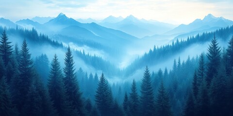 Obraz premium Photo realistic illustration of mountains forest fog morning mystic.