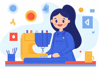 Sewing Machine Illustration Girl Hobby