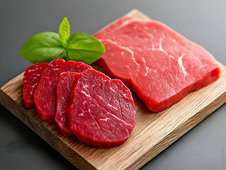 Raw Beef Steaks on Wooden Board Photo