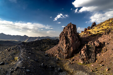 Beautiful aerial view of a mountain range with high cliffs. Landscape and nature of the North Caucasus